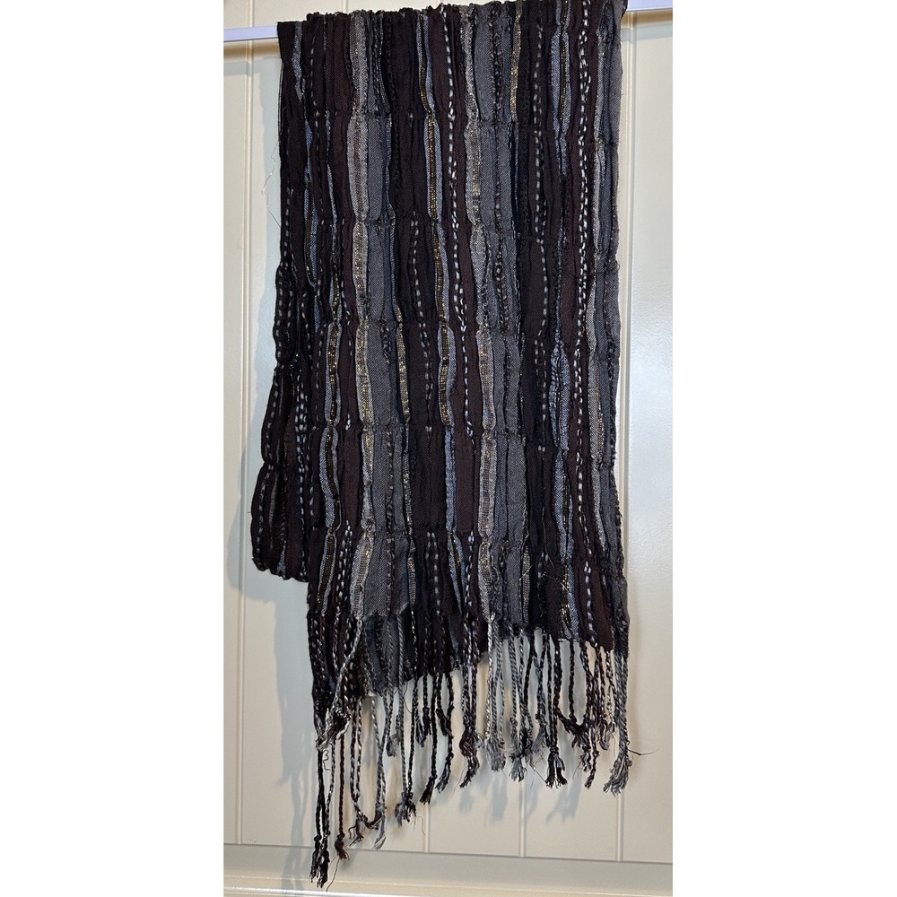 Scarf w/ Fringe Brown Gold Metallic ~ 16.5 W x 76" L Ruched Accents, GUC
